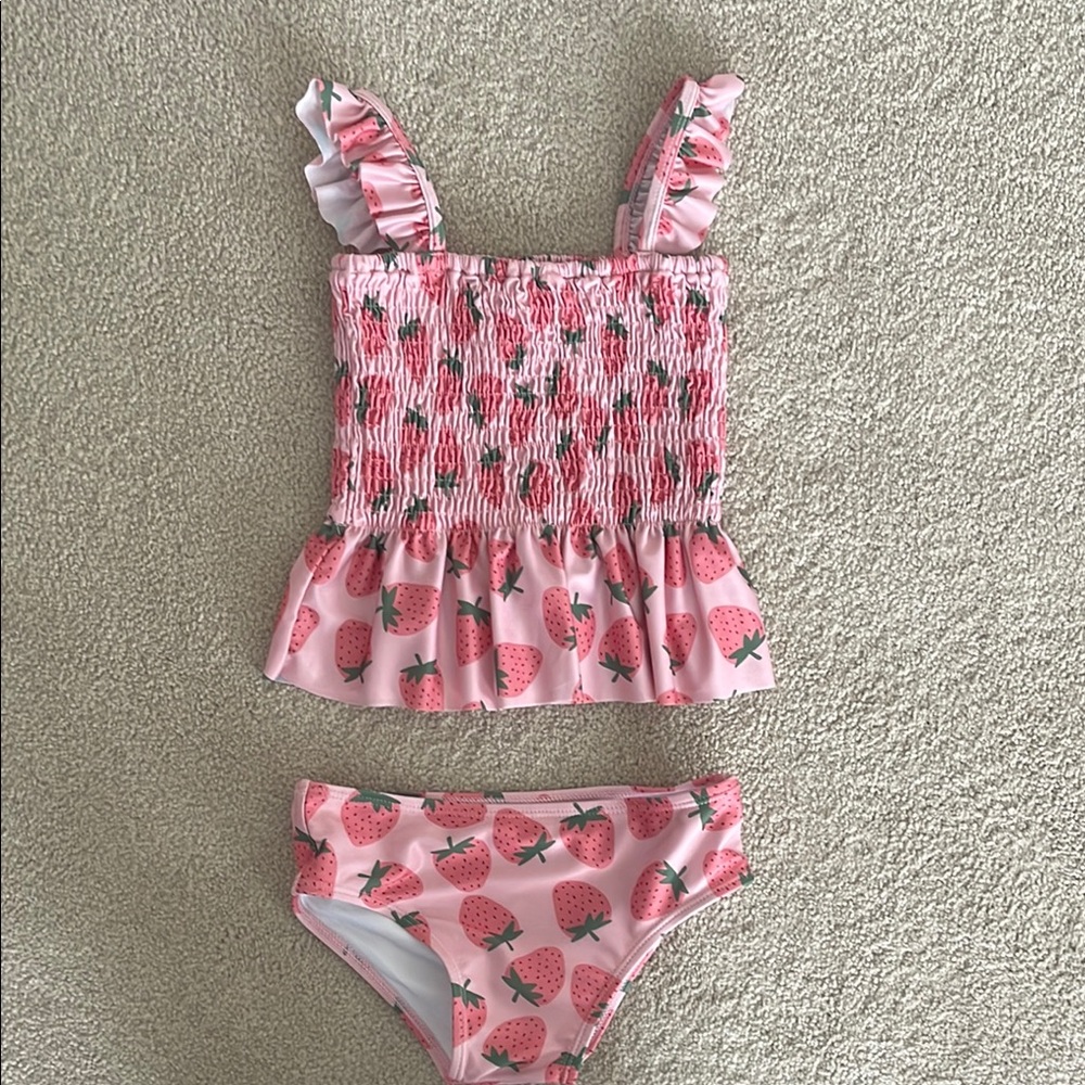 Pink Strawberry Print Swimsuit Set